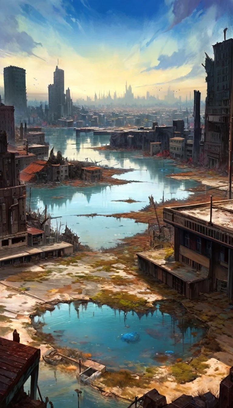 large landscape, dead world theme, polluted world, destroyed city, no vegetation, polluted water, dark world, spectacular otherworldly sky, mutant monsters on stage (art inspired by Bill Sienkiewicz). oil painting)
