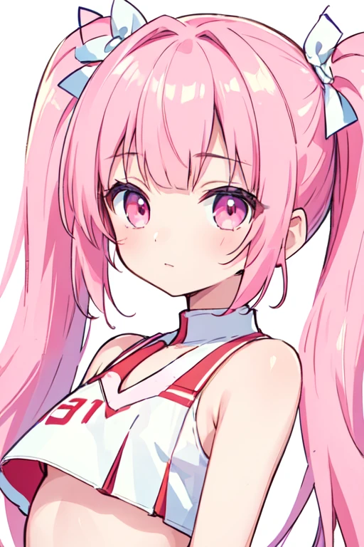 (best quality, masterpiece:1.2), ultra detailed, extremely detailed eyes and face, natural skin texture, detailed skin, natural lighting, chibi, 1 girl, -yeld, (c), twin tails, pink hair, shiny hair, pink eyes, flat chest, BREAK cheerleader, white and red crop top, white and red sleeveless shirt, midriff, BREAK (orgasm face, aroused, blush:1.2), (steam), white background, upper body,