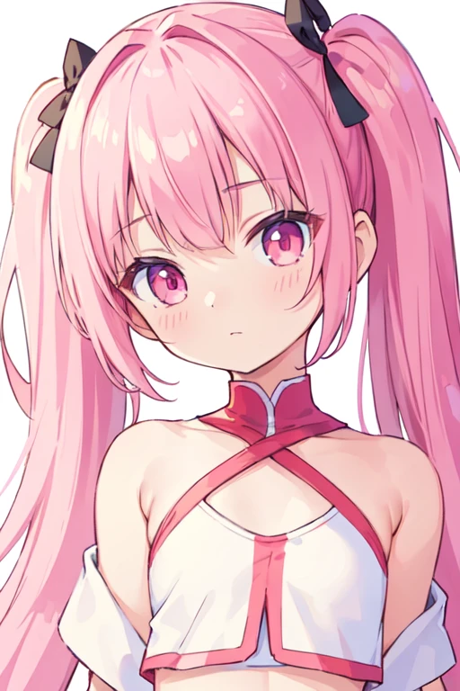 (best quality, masterpiece:1.2), ultra detailed, extremely detailed eyes and face, natural skin texture, detailed skin, natural lighting, chibi, 1 girl, 14-years-old, (cute), twin tails, pink hair, shiny hair, pink eyes, flat chest, BREAK cheerleader, white and red crop top, white and red sleeveless shirt, white background, upper body,