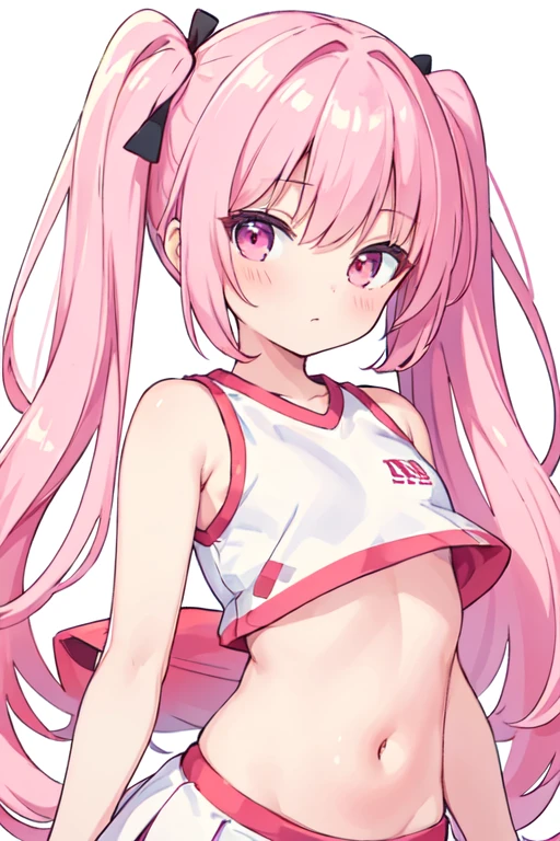 (best quality, masterpiece:1.2), ultra detailed, extremely detailed eyes and face, natural skin texture, detailed skin, natural lighting, chibi, 1 girl, 14-years-old, (cute), twin tails, pink hair, shiny hair, pink eyes, flat chest, BREAK cheerleader, white and red crop top, white and red sleeveless shirt, white background, upper body,