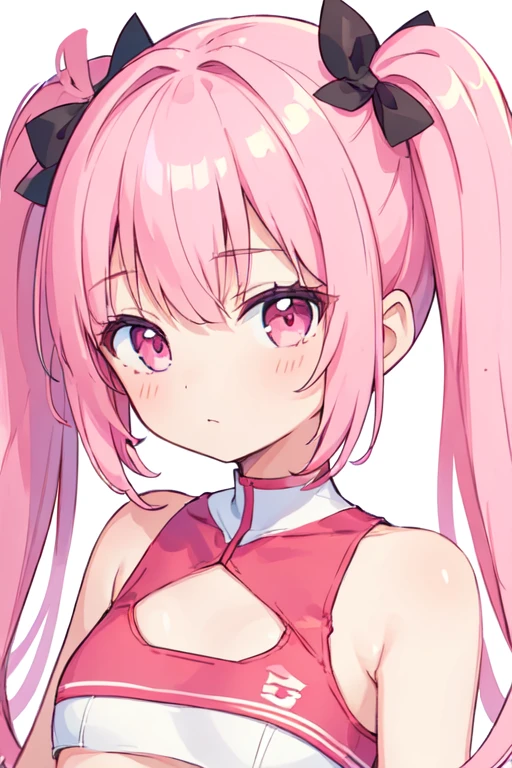 (best quality, masterpiece:1.2), ultra detailed, extremely detailed eyes and face, natural skin texture, detailed skin, natural lighting, chibi, 1 girl, 14-years-old, (cute), twin tails, pink hair, shiny hair, pink eyes, flat chest, BREAK cheerleader, white and red crop top, white and red sleeveless shirt, white background, upper body,