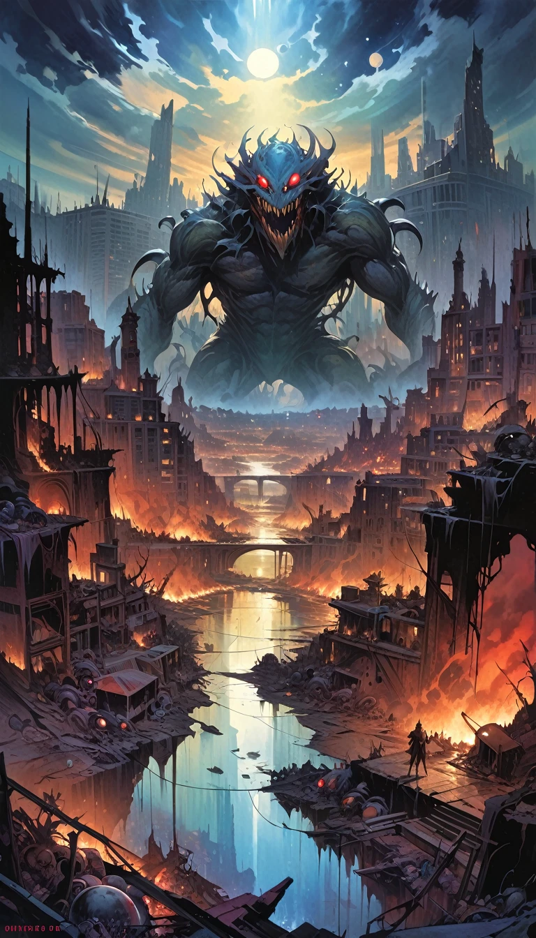 large landscape, dead world theme, polluted world, destroyed city, no vegetation, polluted water, dark world, spectacular otherworldly sky, mutant monsters on stage (art inspired by Bill Sienkiewicz). oil painting)