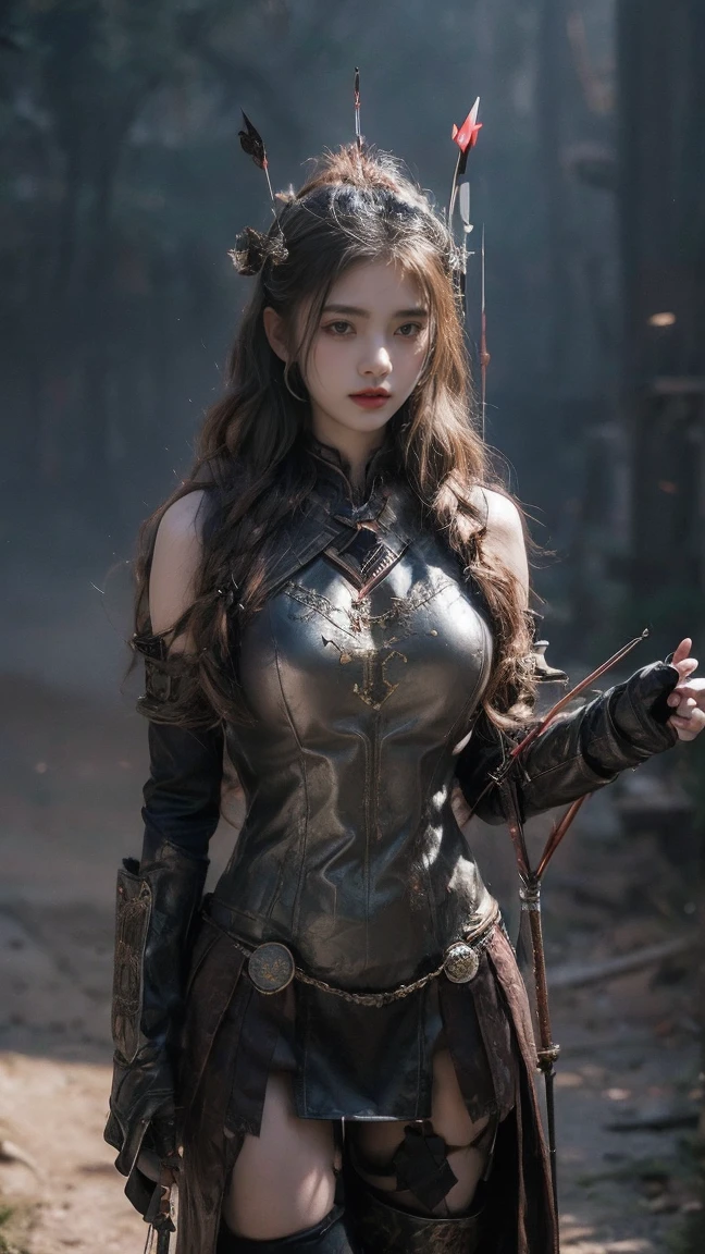 21yo girl,(wearing iron suit),(viking suit),(wearing viking suit),(arrow),(robin hood), (holding arrow), (archery),natural big breast, plump body,single sidelock hairpin blush modern cinematic lighting,ray tracing,drop shadow wide shot UHD,textured skin,high details,best quality 4K