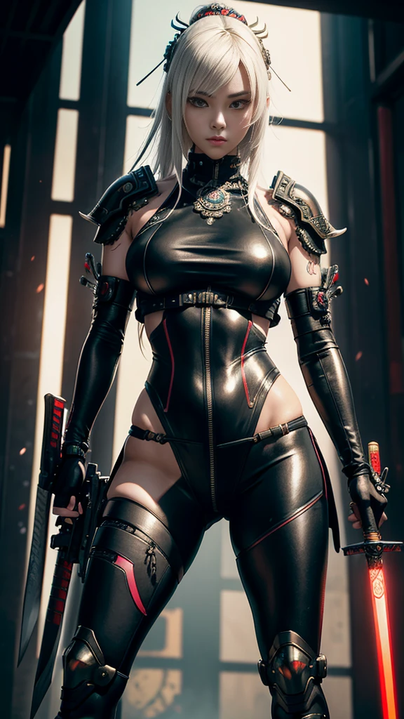 Hyperrealistic version of a woman with a sword in her hand, very beautiful cyberpunk samurai, anime cyberpunk art, cyberpunk samurai, cyberpunk anime art, anime cyberpunk, cgsociety 9, digital cyberpunk anime art, style of maciej kuciara.1girl, samurai armor, helmet oni evil mask,intricate, ornaments detailed, cold colors, metal, egypician detail, highly intricate details, realistic light, trending on cgsociety, glowing eyes, facing camera, neon details, ultra realistic details, portrait full body, japanese atmosphere, global illumination, shadows, octane render, 8k, ultra sharp.cool lolita.