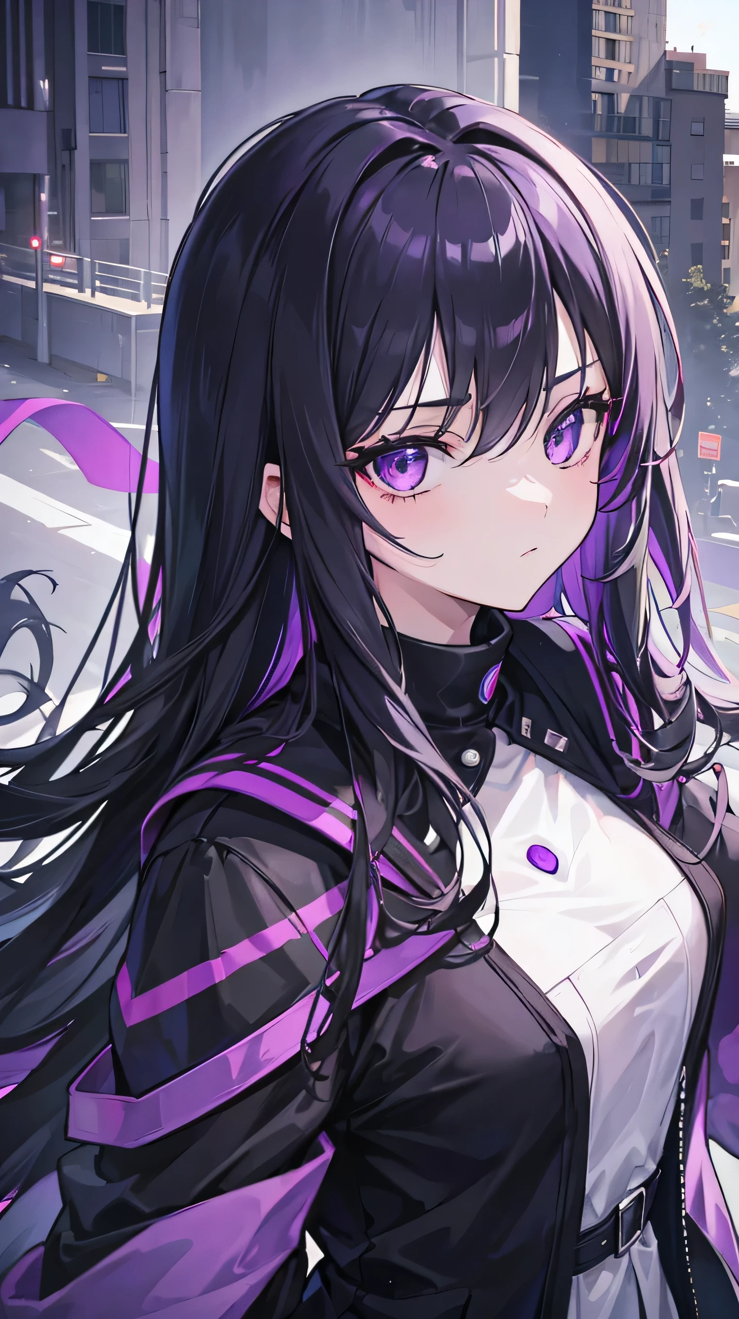 1girl, black long hair, a lot of hair, purple eyes, expressionless, wearing coat, urban ruins, absurdres, high res, ultrasharp, 8K, masterpiece, purple aura, portrait