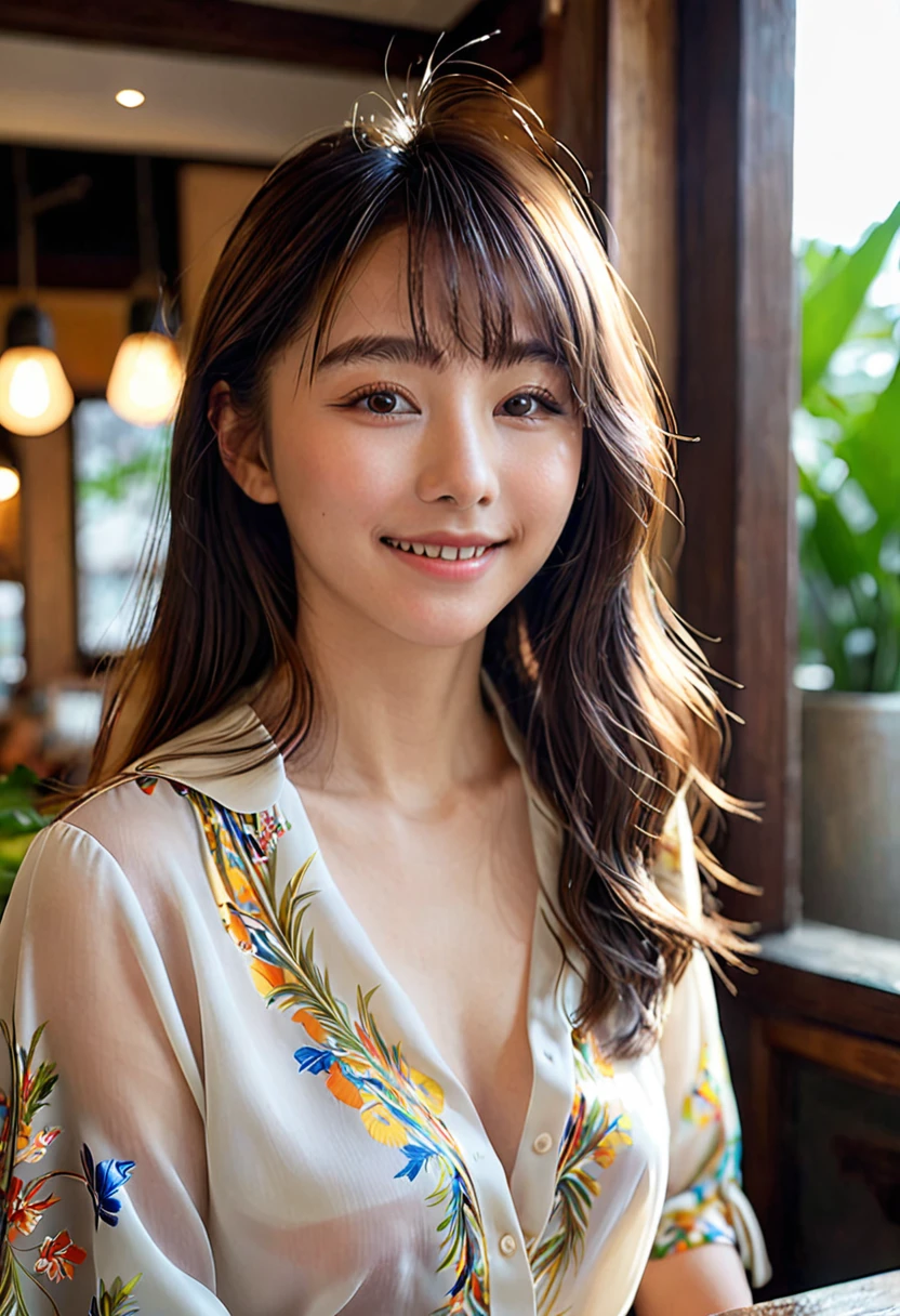 (Highest quality,8K quality,masterpiece:1.3),(Ultra-high resolution,Realistic:1.4,Live Shooting),(Very detailed,Caustics),(Ultra-Realistic Capture,Beautiful and detailed skin),19 years old,Beautiful Japanese, Medium Hair, Asymmetrical bangs, Brown Hair, I'm looking at the camera with a smile on my face,Soft Light,A ray of light shining from above,Natural light，((blouse))，(((One Woman))),Cafe