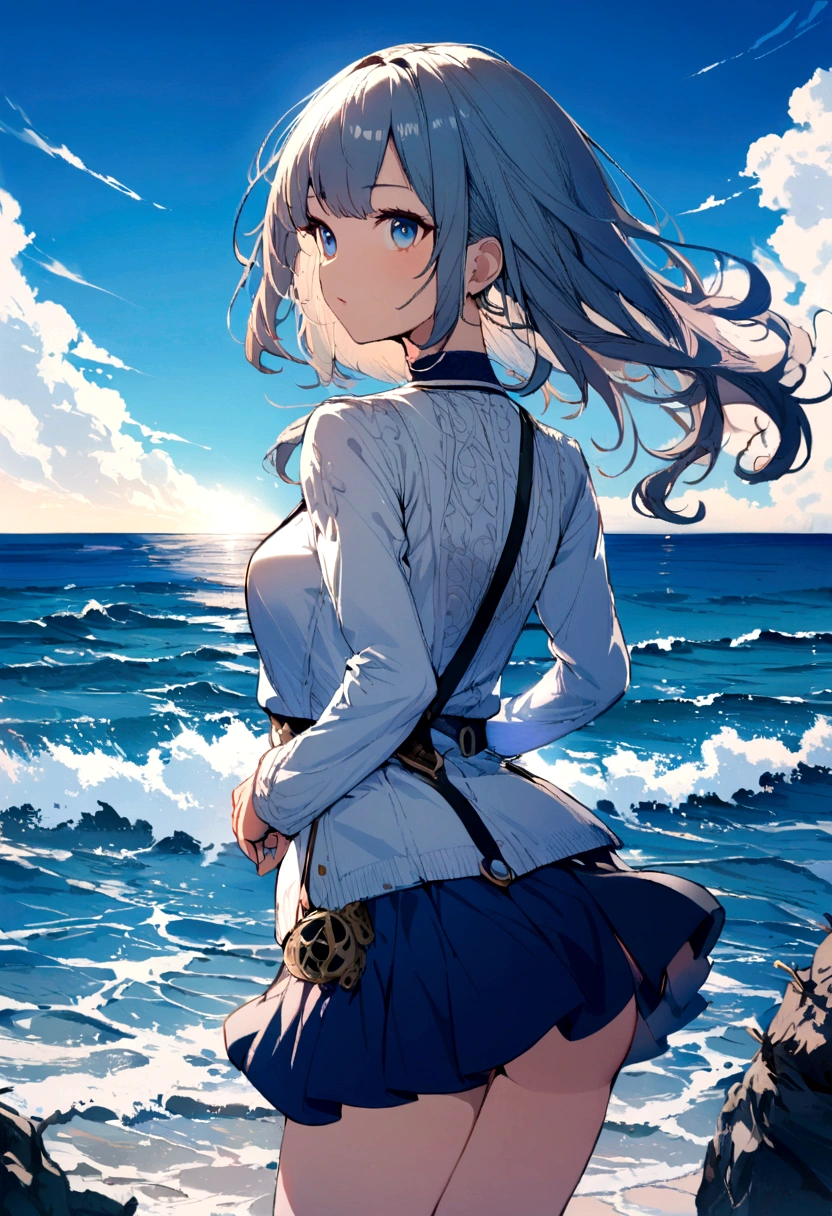 1  girl,solo,blue sky, ocean, short skirt, (very detailed background:1.0), (highly detailed background:1.0),