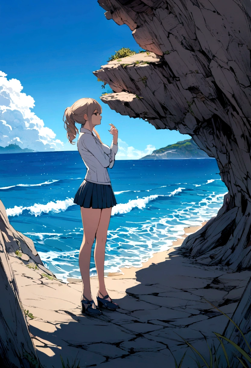1 girl,solo,blue sky, ocean, short skirt, (very detailed background:1.0), (highly detailed background:1.0),