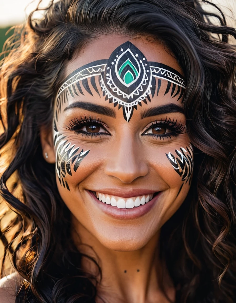 Woman in her 30s with dark wavy hair, beautiful smile and big eyelashes. Smiling and with tribal paint on his face