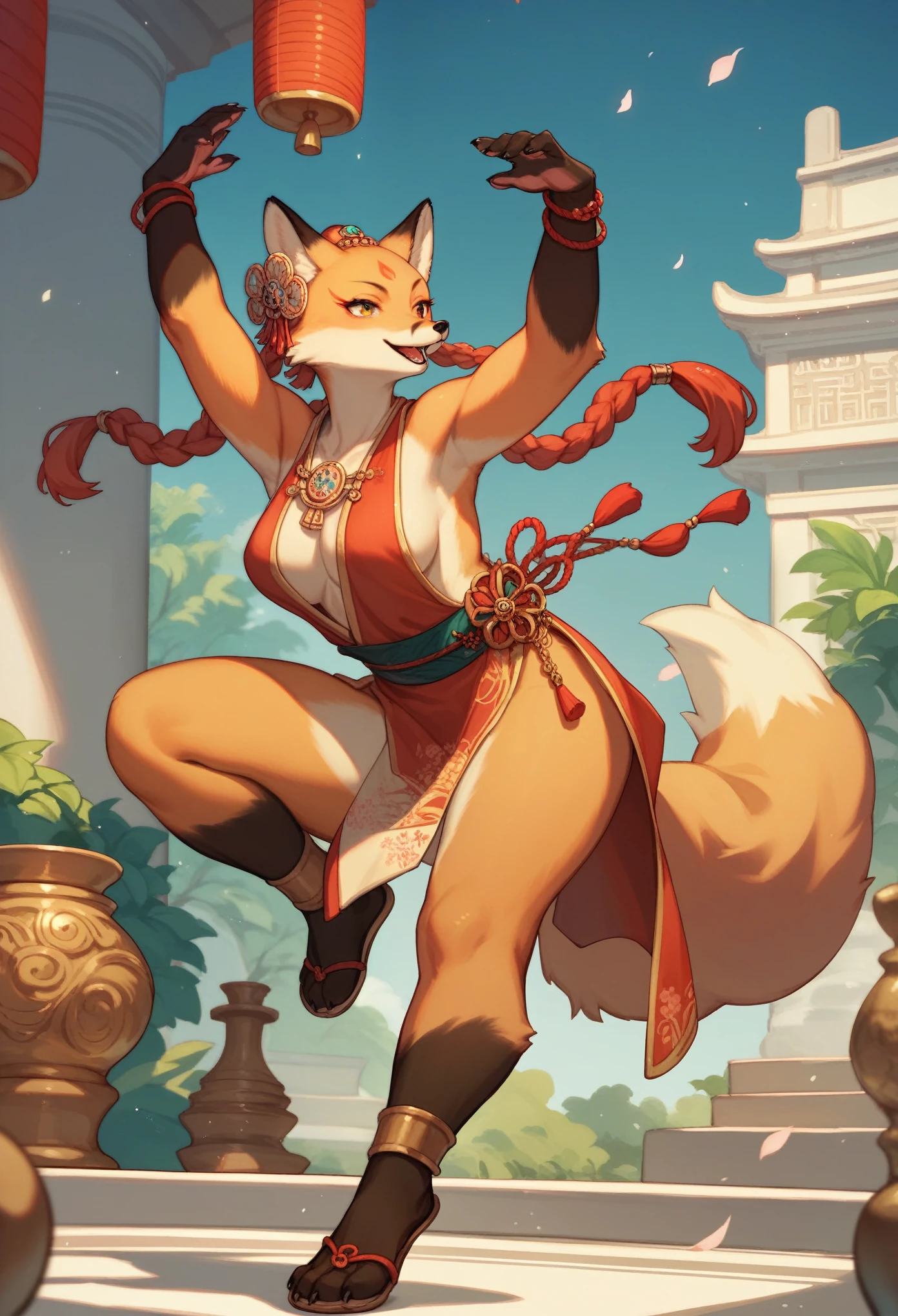 top quality, ancient Chinese beauty, absurdres, perfect anatomy, kemono, solo focus, furry anthro, fox facial features, fox body features, very detailed body fur, full body, dancing pose,