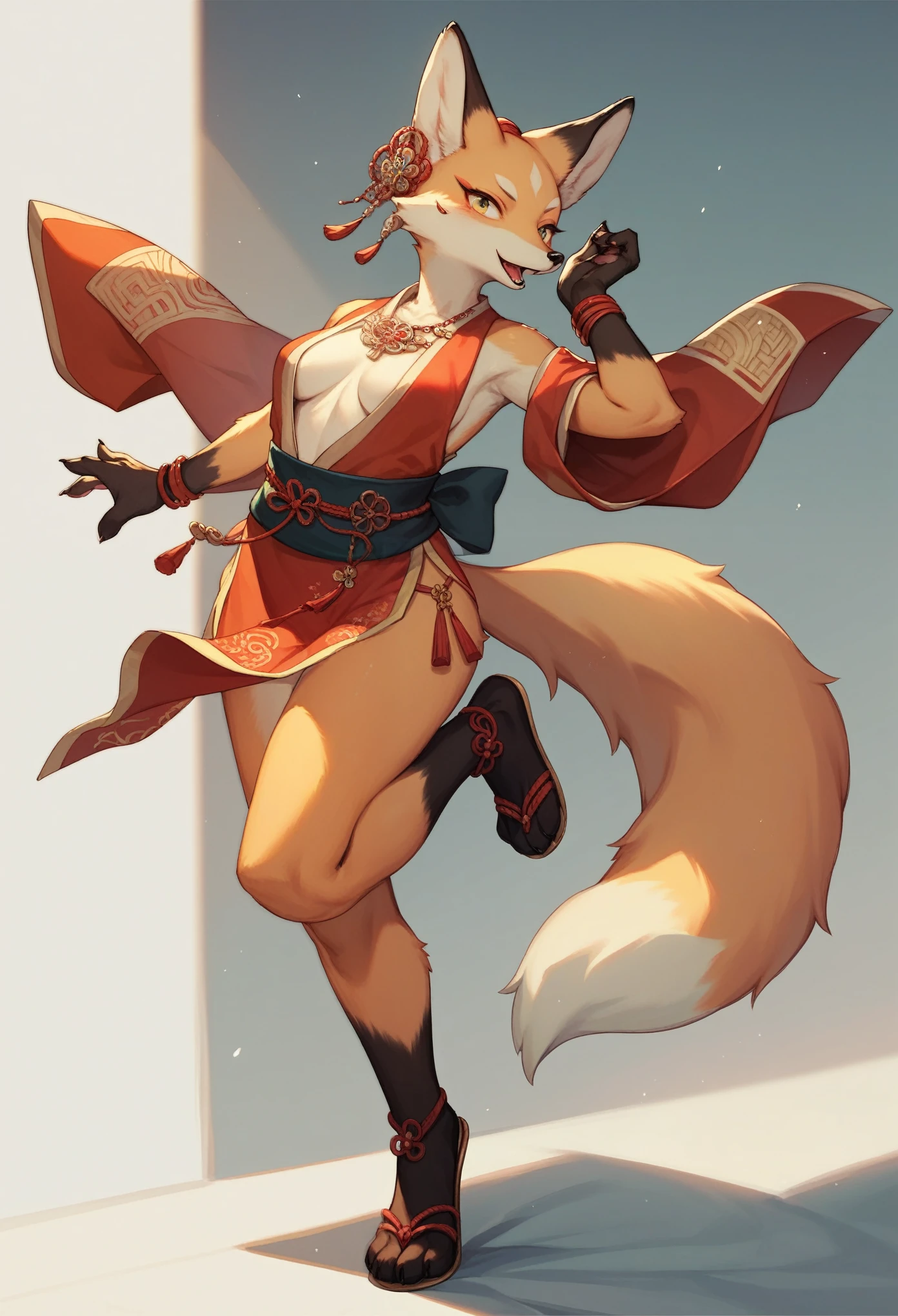 top quality, ancient Chinese beauty, absurdres, perfect anatomy, kemono, solo focus, furry anthro, fox facial features, fox body features, very detailed body fur, full body, dancing pose,
