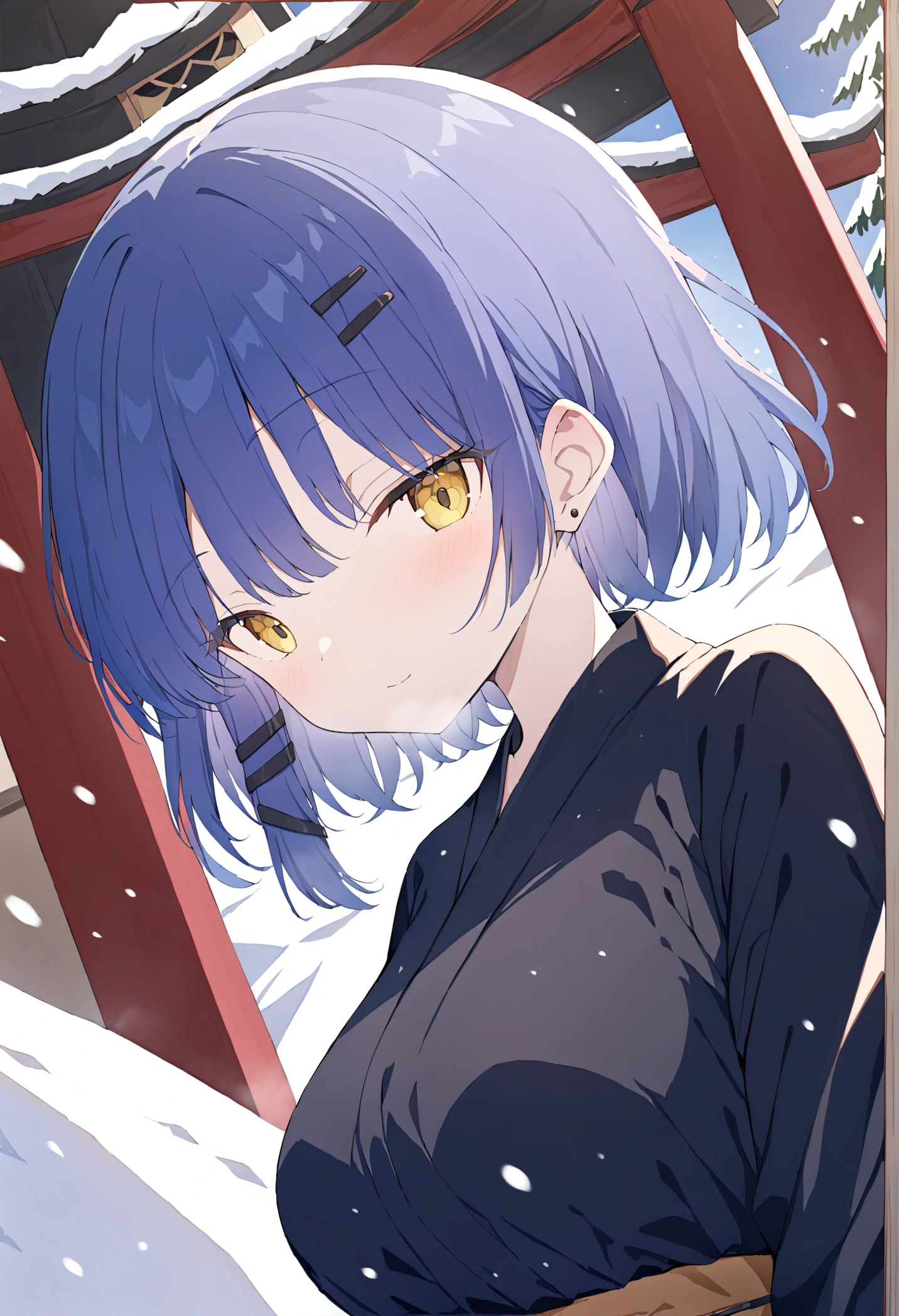 (best quality, highres, masterpiece : 1.4), (flatten art : 0.8), masterpiece, (best quality), 1woman, anime, deep blue hair hair, 2 black hair clip, black pin earring, fair skin, faint yelllow eyes, medium sized breast, faint smile, (detailed face), black yukata, close-up, snow, snowfall, alluring, dynamic angle, eyes to the viewer, (background: Japanese shrine, some pine tree)