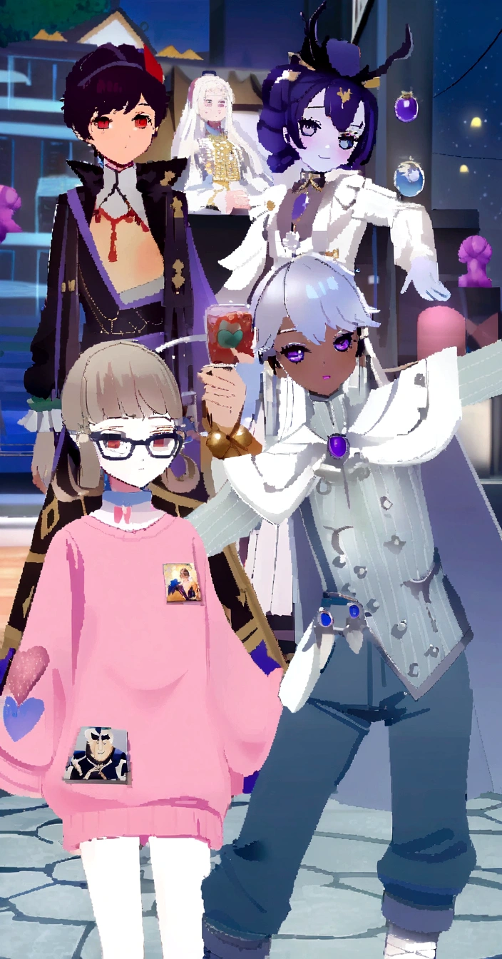 a couple of anime characters standing next to each other, ((wearing aristocrat robe)), kda and sam yang, wearing fancy clothes, inspired gacha club game, 8k!!, fashion gameplay screenshot, lunar themed attire, nixeu and sakimichan, 8k!, live2d virtual youtuber model, each wearing correct era clothes, cloth sim