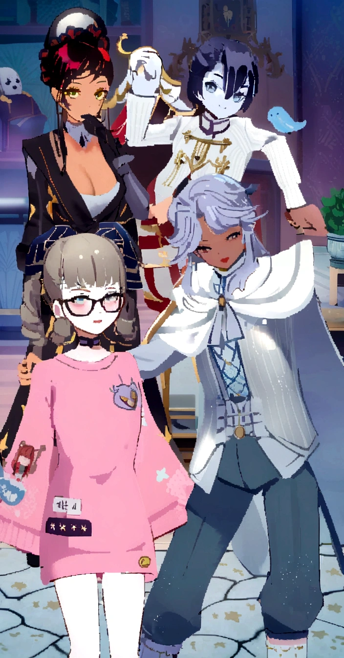 a couple of anime characters standing next to each other, ((wearing aristocrat robe)), kda and sam yang, wearing fancy clothes, inspired gacha club game, 8k!!, fashion gameplay screenshot, lunar themed attire, nixeu and sakimichan, 8k!, live2d virtual youtuber model, each wearing correct era clothes, cloth sim