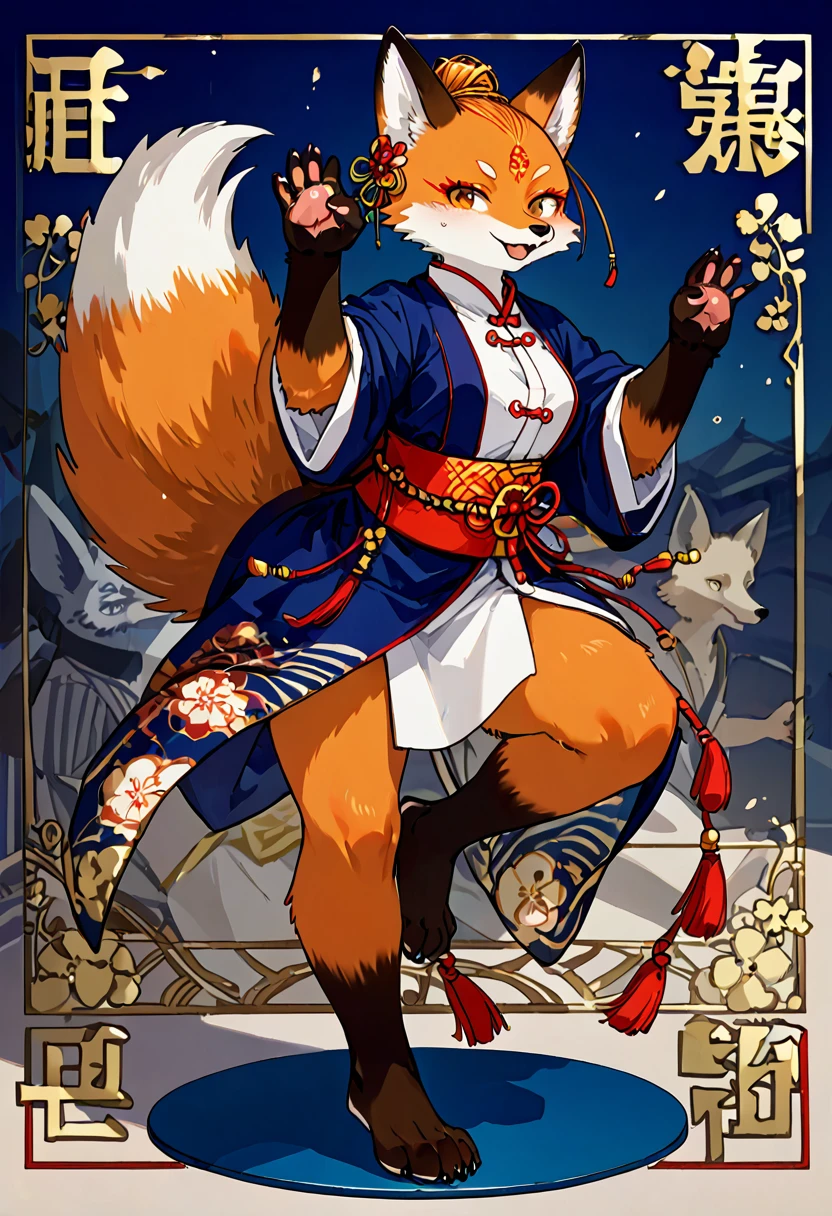 top quality, ancient Chinese beauty, absurdres, perfect anatomy, kemono, solo focus, furry anthro, fox facial features, fox body features, very detailed body fur, full body, dancing pose,