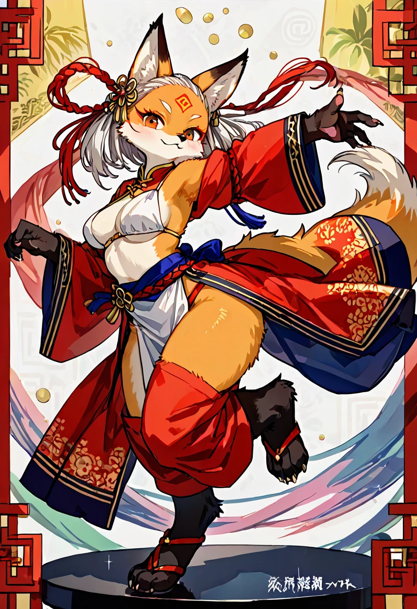 top quality, ancient Chinese beauty, absurdres, perfect ???????, kemono, solo focus, furry anthro, fox facial features, fox body features, very detailed body fur, full body, dancing pose,