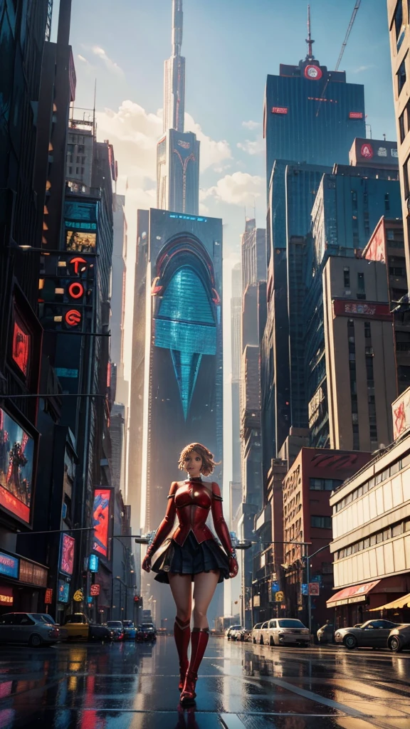 A giant woman in a red suit lying on top of a cyberpunk city, Little guys running around the giant girl, Standing on her hand, cgsociety 9, 2. 5 d cgi fantasy art, engine rendering unreal + a goddess, full body cgsociety, artgerm ; Hyper realistic 3d content, giant art, super detailed 3d matte paintings, super detailed 3d matte paintings, realistic fantasy art, realistic 3 d anime style. Beautiful girl. Big thighs."The little stood on the top of a high-rise building waving to the girl". jennifer Lawrence. Wear short skirts.