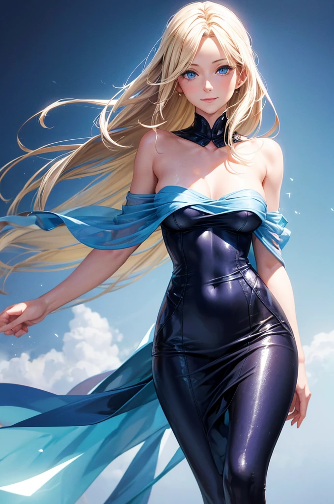 Creating an illustration of a woman in her thirties, blond bod hair!!!, blue ice eyes, fair skin. she's wearing nothing!!!, she nude!!!, little smile expression - she walking on ice - digital art style