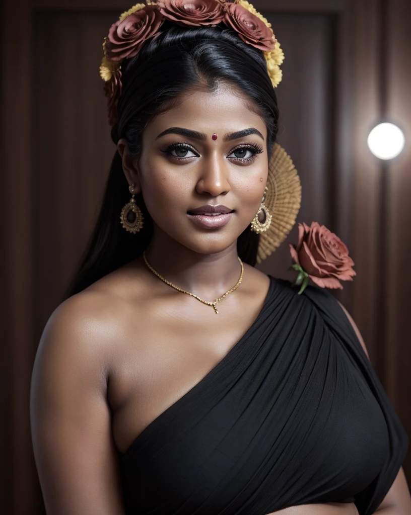 Extremely gorgeous, looks like Nayanthara, beautiful round face, beautiful black lady, sexy lady, curvy, curvy beauty, shoot for a famous cosmetics brand, shoot for top health magazine cover Page, bold photoshoot, bold looks, body positivity, dark skin, stunning beauty, ravishing, spicy hot, sizzling hot, sensual shoot, artistic sensual photograpy, thick figure, curvy, Thick navel, sexy tempting lady, sexy navel folds, fleshy figure, woman with a flower in her hair and a flower in her hair, closeup portrait shot, movie stills photography, traditional beauty, body sweat, glistening skin, skin texture, skin pores, traditional clothes , traditional female hairstyles, pretty face!!, shot on sony alpha dslr-a300, indian woman with brown skin, indian goddess, traditional makeup, movie stills, actress, close - up portrait shot, detailed portrait shot, ultra HD, hyper realistic, hyper realistic skin, High level professional photography, insane details, freckles 0.1, beautymarks, real photograph, add every possible elements to make the photo as real photograph, shiny skin, glossy skin, dramatic lighting,