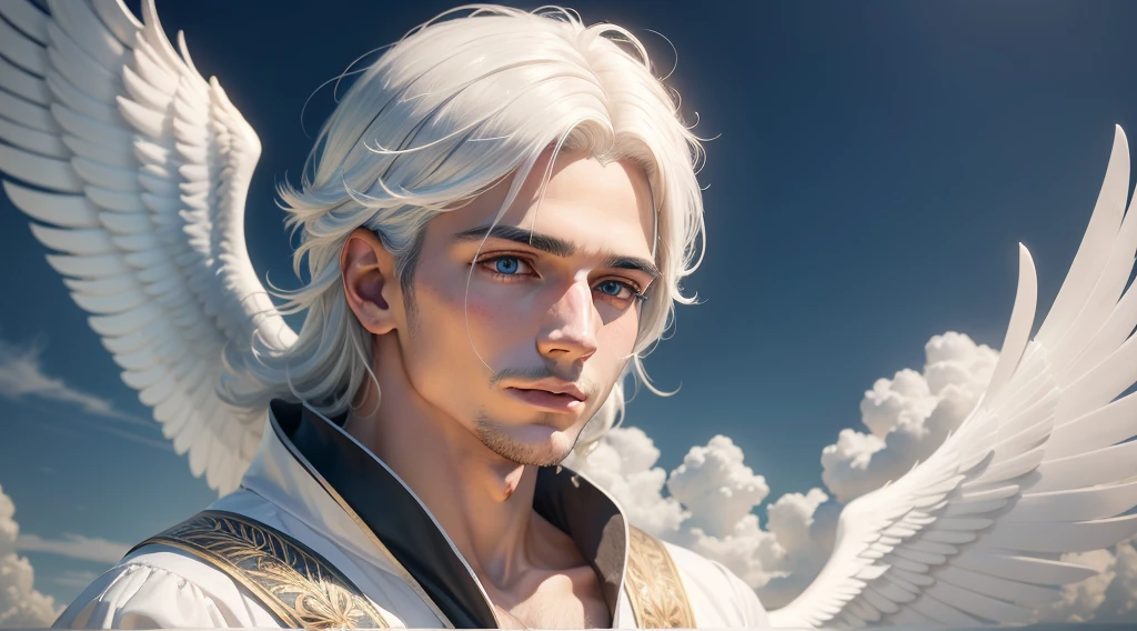 An angel with white hair and blue wings is praying, anjo biblicamente acuado, Retrato de um anjo bonito, cheio de pinturas de anjos, anjo bonito, de anjo lindo, majestoso homem de santo, finely detailed angelic face, angelic, anjo biblicamente preciso, angelic, anjo masculino bonito, KING of Heaven, biblical accurate angel, angelic features, Scenery sky and clouds