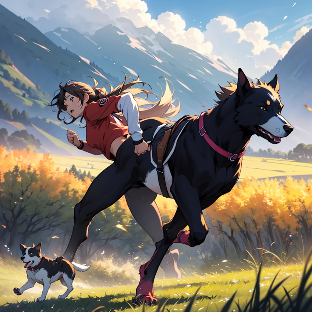 in anime style a girl running in the open field with another girl running close behind with a dog