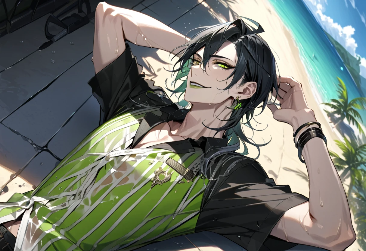 ((masterpiece:1.4, best quality)), (Ultra detailed background), 1boy, handsome man, highly detailed beautiful face and eyes, white hair, beautiful eyes, (sharp detail:1.3), shiny, earrings, bracelet, (wet clothes:1.3), Shirts, Bari, Cebu Island, plumeria, near the beach, stretch,lie on one's back, dynamic angle, malleus draconia (twisted wonderland) horns, bishounen, boy, male, yana Toboso style, long hair, black hair, yellow green eyes, smile, gray lips, handsome, skinny, tall, yellow green glow,