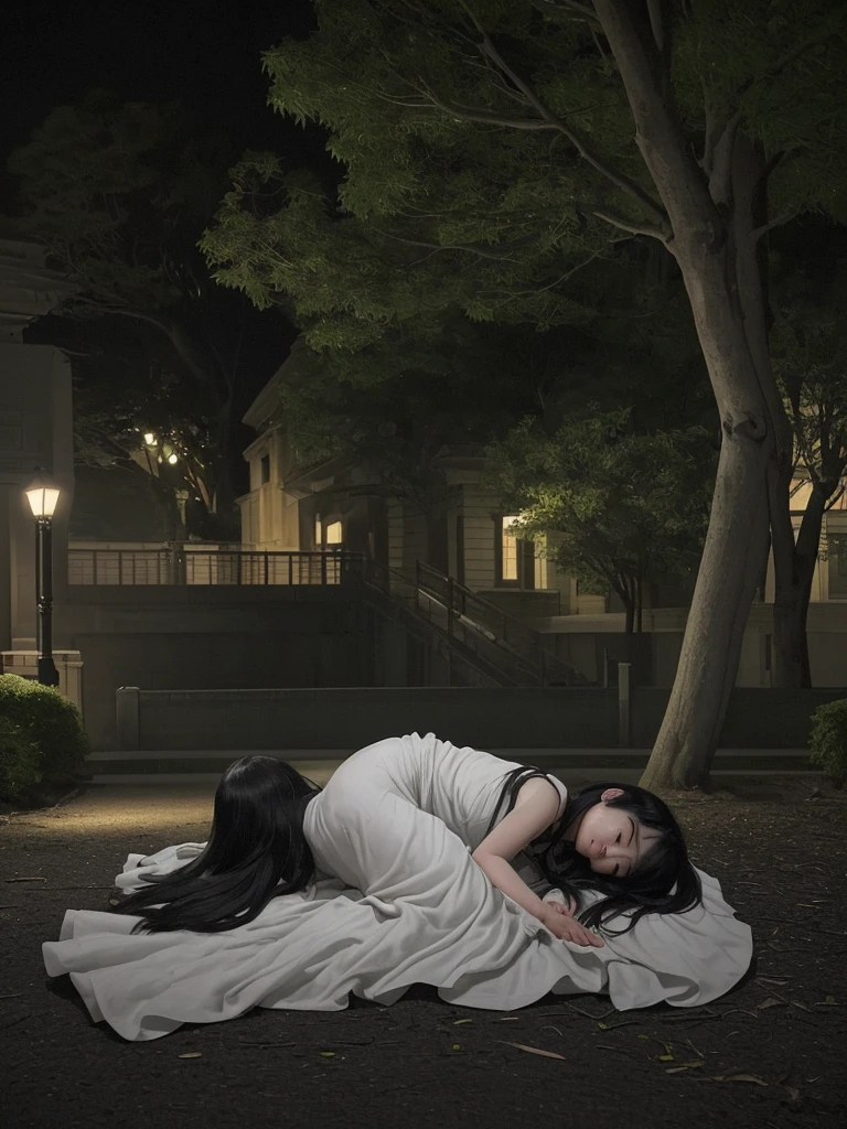 Scene: A quiet park at night. Dim light is illuminating the surroundings, with shadows of trees stretching long. In the distance, street lamps are faintly visible.
Woman: A young Asian woman is lying on her back. She is wearing a white dress, and her long black hair is spread out on the ground. Her expression is calm, and her eyes are closed.
Man: A middle-aged Asian man is standing and looking down at her. He is wearing dirty clothes and has an angry expression. His brows are furrowed, and his eyes are shining sharply. His hands are loosely clenched into fists.
Atmosphere: There is a sense of tension and anxiety, but the moonlit scene also has a serene and beautiful quality.