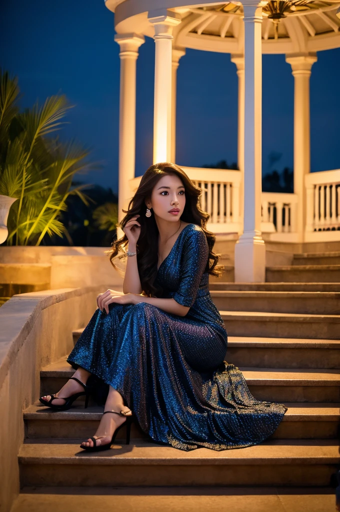 Full body high fashion, wavy long hair, floating hair by the wind, extreme artistic, intricate poses, Incredible photorealistic high resolution camera pics in the style of gardenia of a luxury scenic at gazebo full of flowers in rooftop with Jakarta city scape view in the night and beautiful exterior decoration, realistic eyes, facial profile view, Head to toe, Full body, used stilletto heels, used earrings, relaxed, at night Cinematic, ethereal, a young Asian who looks like
An idol, sitting on the stair of gazebo, sophisticated modeling beautiful blue clothes in the style of wealthy appearance, glamour lights, backlight, soft light, dim light, hair light, epic lighting, natural colors, glamourous atmosphere, romantic vibes