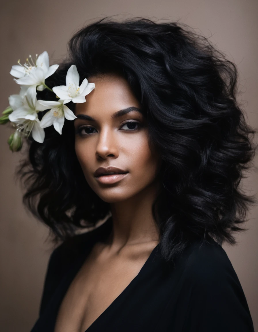 une femme , portrait , cheveux noir , visage neutre , fleurs dans ses cheveux