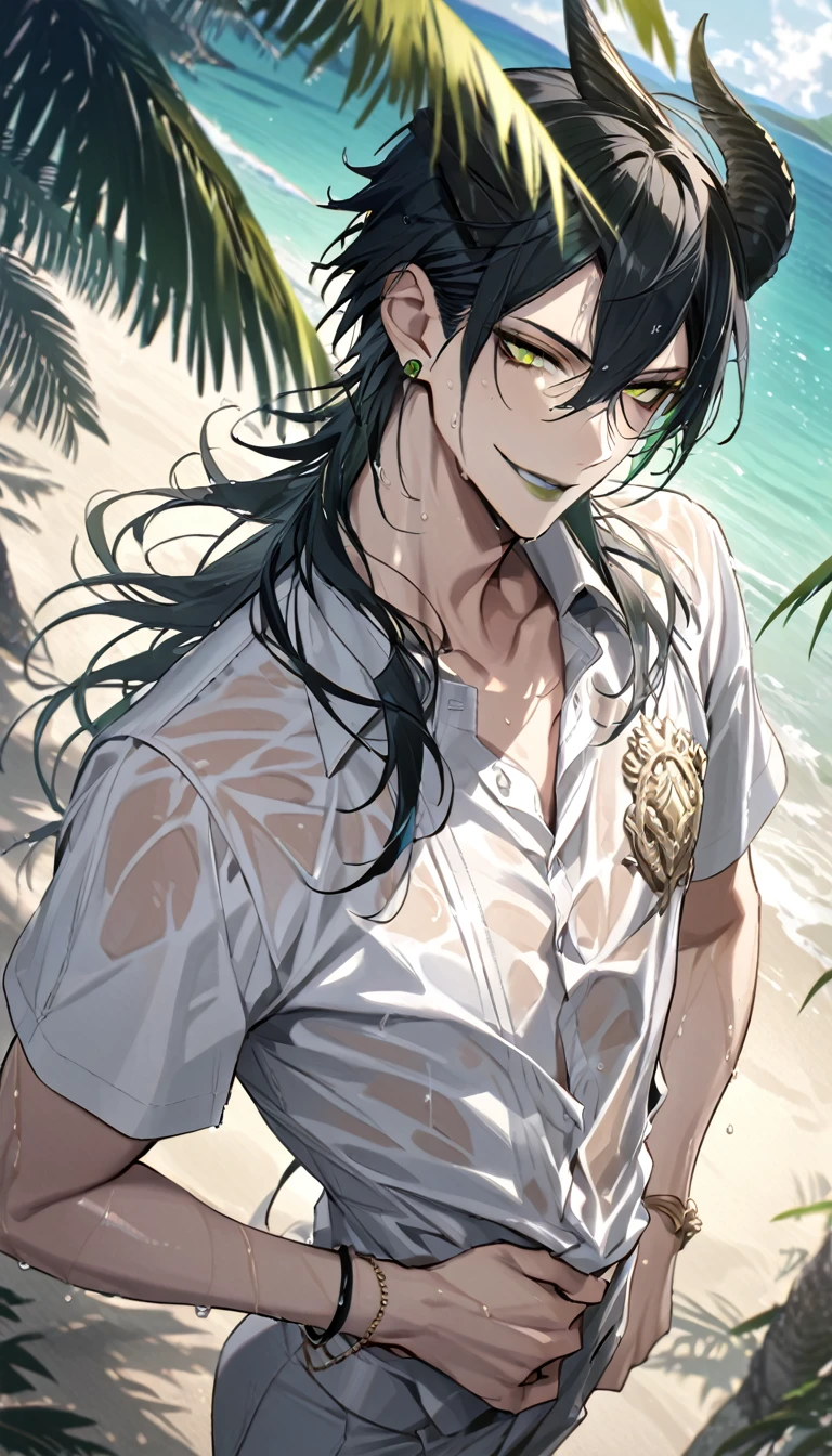 ((masterpiece:1.4, best quality)), (Ultra detailed background), 1boy, handsome man, highly detailed beautiful face and eyes, white hair, beautiful eyes, (sharp detail:1.3), shiny, earrings, bracelet, (wet clothes:1.3), Shirts, Bari, Cebu Island, plumeria, near the beach, stretch,lie on one's back, dynamic angle, malleus draconia (twisted wonderland) horns, bishounen, boy, male, yana Toboso style, long hair, black hair, yellow green eyes, smile, gray lips, handsome, skinny, tall, yellow green glow,