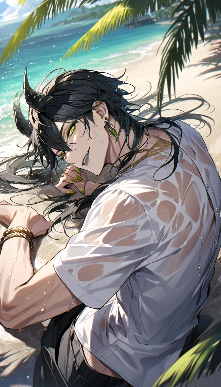 ((masterpiece:1.4, best quality)), (Ultra detailed background), 1boy, handsome man, highly detailed beautiful face and eyes, white hair, beautiful eyes, (sharp detail:1.3), shiny, earrings, bracelet, (wet clothes:1.3), Shirts, Bari, Cebu Island, plumeria, near the beach, stretch,lie on one's back, dynamic angle, malleus draconia (twisted wonderland) horns, bishounen, boy, male, yana Toboso style, long hair, black hair, yellow green eyes, smile, gray lips, handsome, skinny, tall, yellow green glow,
