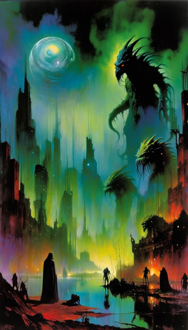large landscape, dead world theme, polluted world, destroyed city, no vegetation, polluted water, dark world, spectacular otherworldly sky, mutant monsters on stage (art inspired by Bill Sienkiewicz). oil painting)