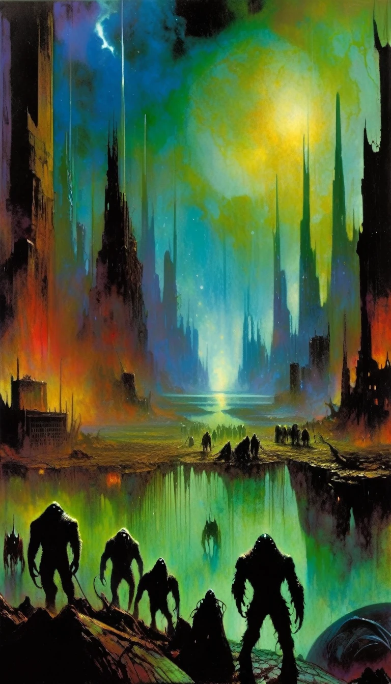 large landscape, dead world theme, polluted world, destroyed city, no vegetation, polluted water, dark world, spectacular otherworldly sky, mutant monsters on stage (art inspired by Bill Sienkiewicz). oil painting)