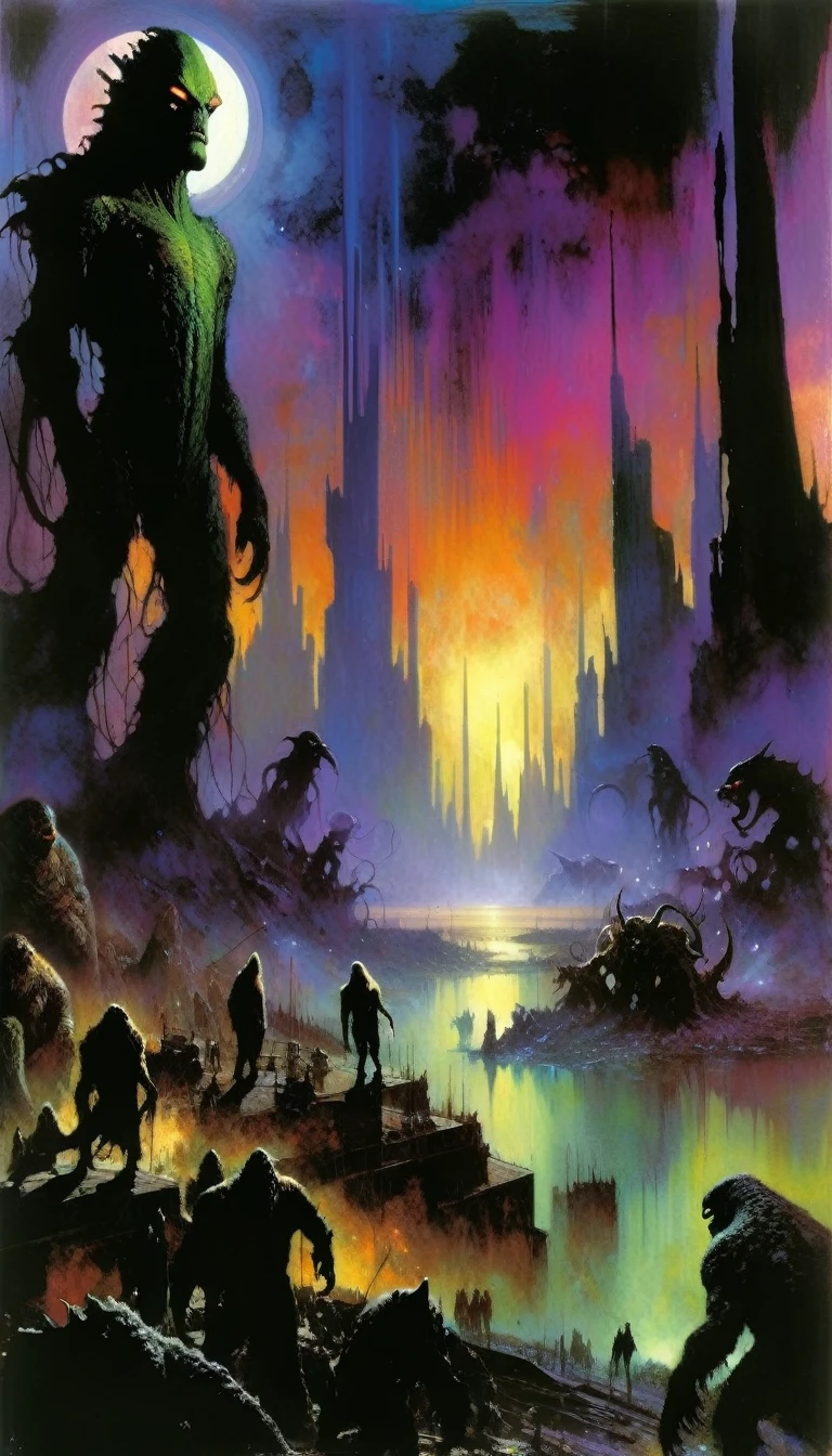 large landscape, dead world theme, polluted world, destroyed city, no vegetation, polluted water, dark world, spectacular otherworldly sky, mutant monsters on stage (art inspired by Bill Sienkiewicz). oil painting)
