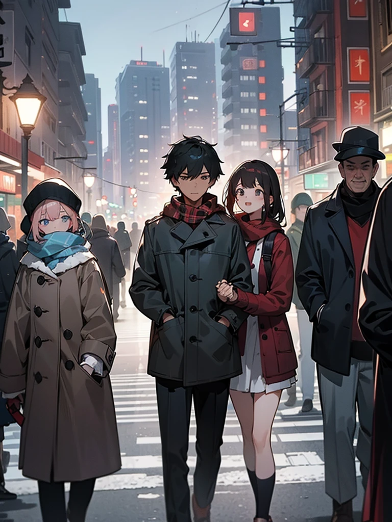 Highest quality、masterpiece、8K、men and women、Winter Dating、((front:1.4))、Holding hands、night、Side by side、In town、Signal、crowd