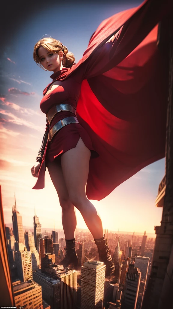 A giant woman in a red suit lying on top of a cyberpunk city, Little guys running around the giant girl, Standing on her hand, cgsociety 9, 2. 5 d cgi fantasy art, engine rendering unreal + a goddess, full body cgsociety, artgerm ; Hyper realistic 3d content, giant art, super detailed 3d matte paintings, super detailed 3d matte paintings, realistic fantasy art, realistic 3 d anime style. Beautiful girl. Big thighs."The little stood on the top of a high-rise building waving to the girl". jennifer Lawrence. Wear short skirts.