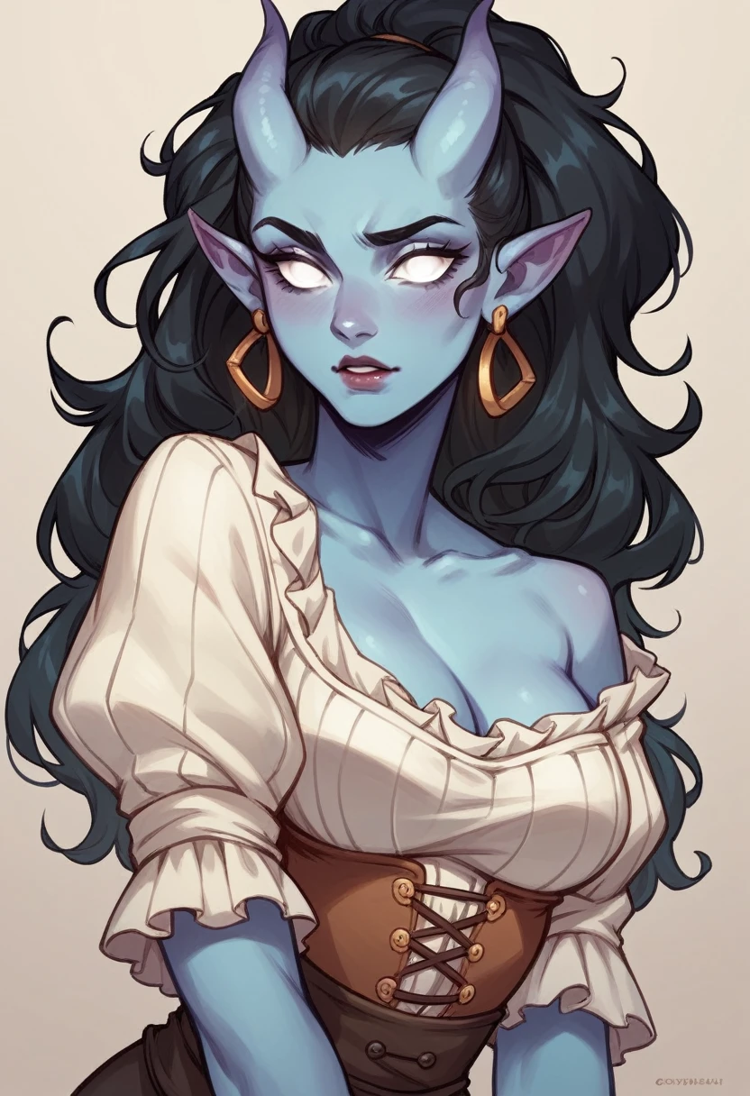 Create an 18 year old tiefling with white eyes, grayish blue skin, long black hair and clothes that resemble a pirate novice.