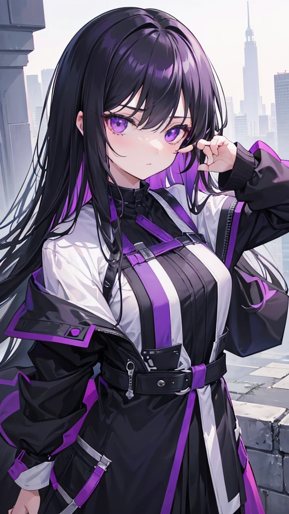 1girl, black long hair, a lot of hair, eye covering bangs, purple eyes, expressionless, wearing coat, urban ruins, absurdres, high res, ultrasharp, 8K, masterpiece, purple aura, portrait, good hands, good fingers