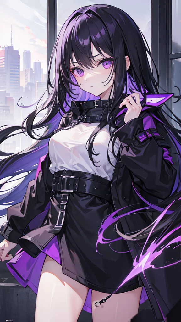 1girl, black long hair, a lot of hair, eye covering bangs, purple eyes, expressionless, wearing coat, urban ruins, absurdres, high res, ultrasharp, 8K, masterpiece, purple aura, portrait, good hands, good fingers