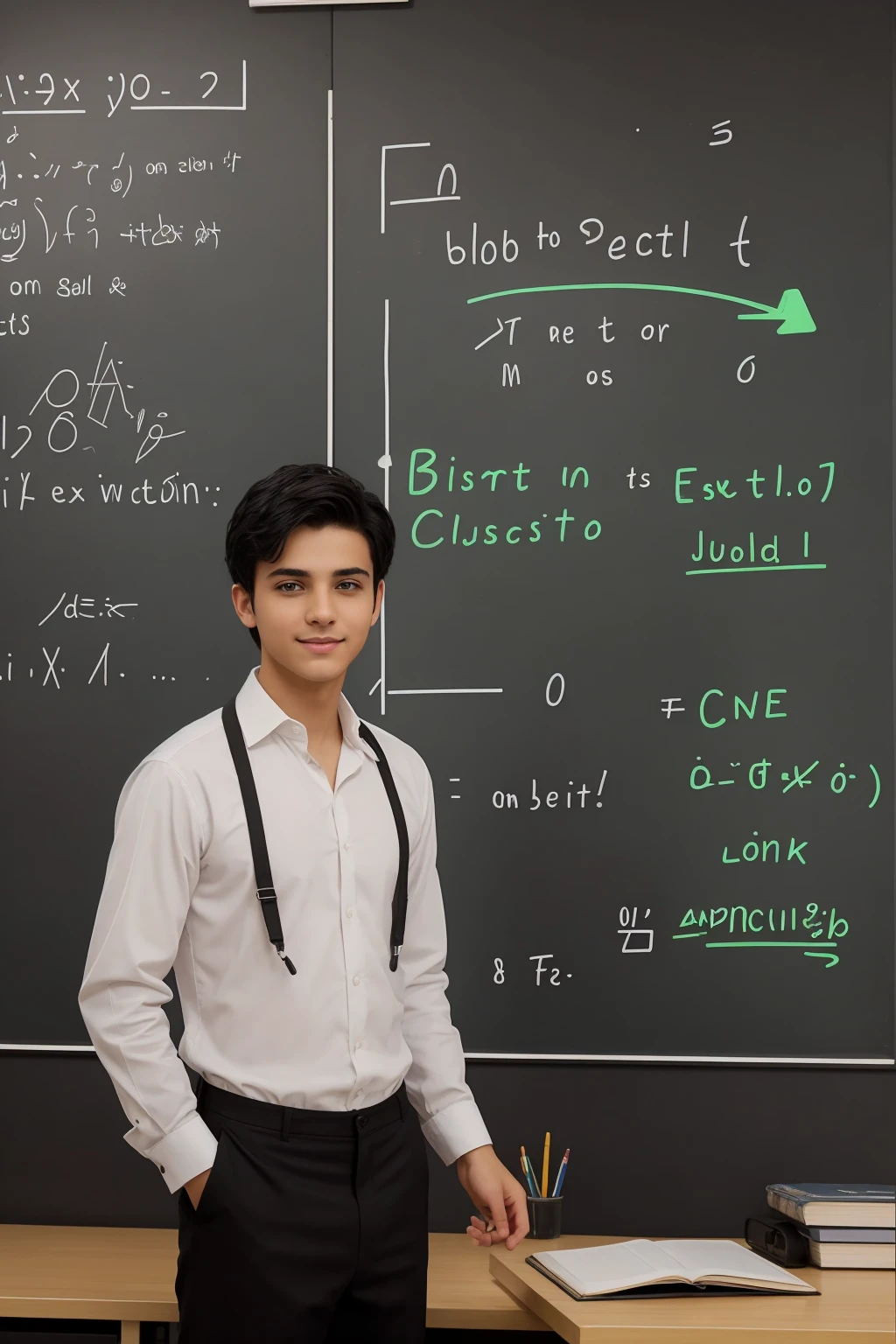 A beautiful young male twink, cute, with black hair and wearing an Arab outfit, is in his office and behind him is a blackboard with calculus written on it, and neon energy comes out of the blackboard as he looks on proudly.