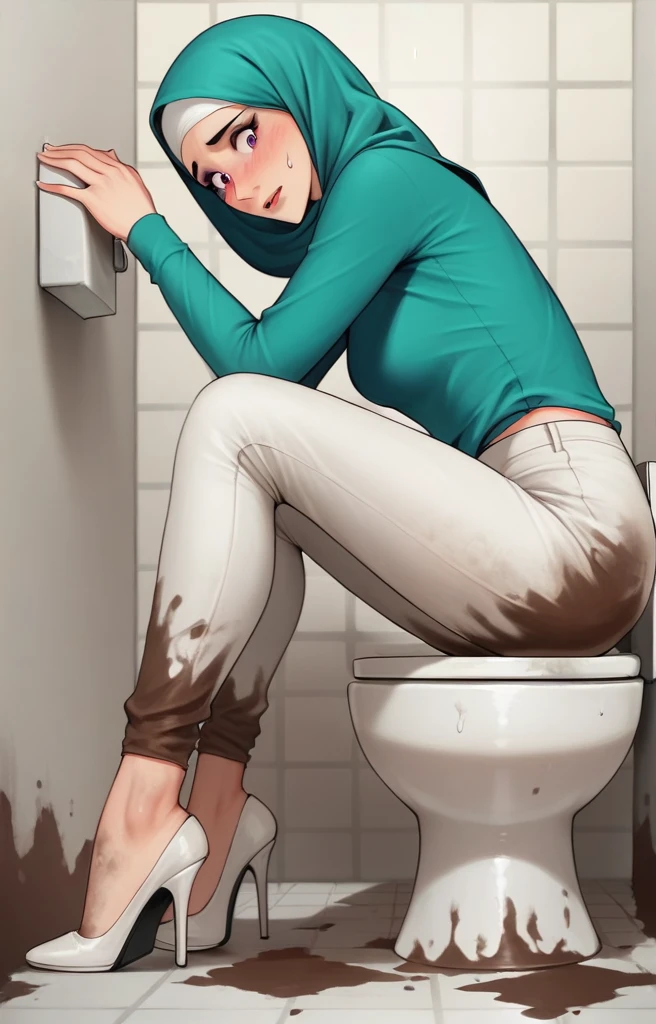 Ultra-realistic, 4k, 1girl, slim face, pretty face, cute eyes, skinny body, wearing white hijab, white chino pants, tight long sleeve classic buttoned shirt, white heels, nervous facial expressions, very sweaty, both hands on ass, in dirty dark public toilet, near the toilet, dirty toilet bowl, dirty toilet, dirty clothes, sweaty clothes, (((make the whole image filthy and dirty))), (((mud overflowing from toilet bowl))), stinky atmosphere, filthy atmosphere, mud everywhere, mud on pants, disgusting toilet,