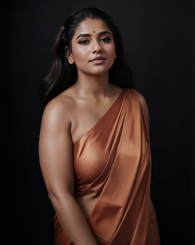Extremely gorgeous, round face, shoot for a famous cosmetics brand, shoot for top health magazine cover Page, bold photoshoot, bold looks, body positivity, stunning beauty, ravishing, spicy hot, sizzling hot, sensual shoot, artistic sensual photograpy, thick figure, curvy, Thick navel, sexy tempting lady, sexy navel folds, fleshy figure, woman with a flower in her hair and a flower in her hair, closeup portrait shot, movie stills photography, traditional beauty, body sweat, glistening skin, feminine curve, curvy body, skin texture, skin pores, traditional clothes , traditional female hairstyles, pretty face!!, shot on sony alpha dslr-a300, indian woman with brown skin, indian goddess, traditional makeup, movie stills, actress, close - up portrait shot, detailed portrait shot, ultra HD, 32k,  hyper realistic, hyper realistic skin, High level professional photography, insane details, high quality skin, beautymarks, real photograph, add every possible elements to make the photo looks as real photograph, small tattoo on her body, curvy fleshy figure, navel folds, 