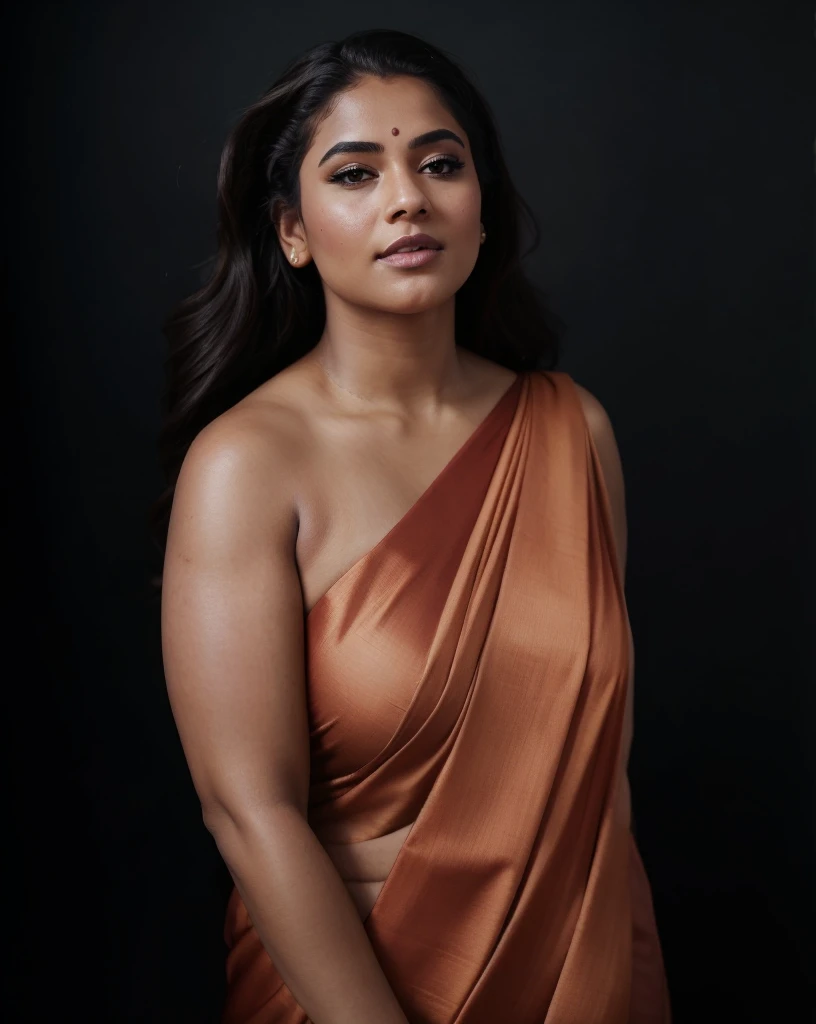 Extremely gorgeous, round face, shoot for a famous cosmetics brand, shoot for top health magazine cover Page, bold photoshoot, bold looks, body positivity, stunning beauty, ravishing, spicy hot, sizzling hot, sensual shoot, artistic sensual photograpy, thick figure, curvy, Thick navel, sexy tempting lady, sexy navel folds, fleshy figure, woman with a flower in her hair and a flower in her hair, closeup portrait shot, movie stills photography, traditional beauty, body sweat, glistening skin, feminine curve, curvy body, skin texture, skin pores, traditional clothes , traditional female hairstyles, pretty face!!, shot on sony alpha dslr-a300, indian woman with brown skin, indian goddess, traditional makeup, movie stills, actress, close - up portrait shot, detailed portrait shot, ultra HD, 32k, hyper realistic, hyper realistic skin, High level professional photography, insane details, high quality skin, beautymarks, real photograph, add every possible elements to make the photo looks as real photograph, small tattoo on her body, curvy fleshy figure, navel folds,