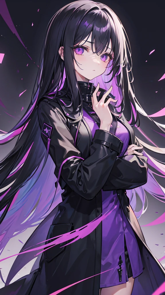 1girl, black long hair, a lot of hair, eye covering bangs, purple eyes, expressionless, wearing coat, urban ruins, absurdres, high res, ultrasharp, 8K, masterpiece, purple aura, portrait, good hands, good fingers
