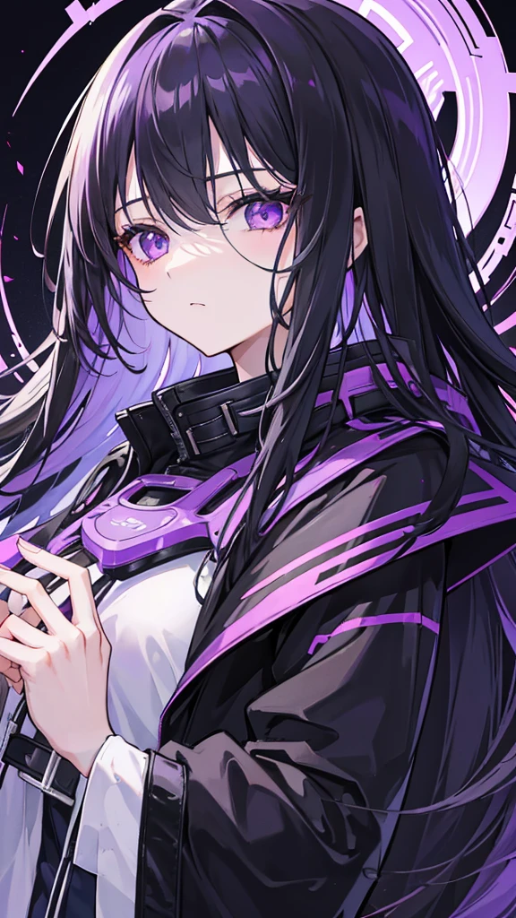 1girl, black long hair, a lot of hair, eye covering bangs, purple eyes, expressionless, wearing coat, urban ruins, absurdres, high res, ultrasharp, 8K, masterpiece, purple aura, portrait, good hands, good fingers