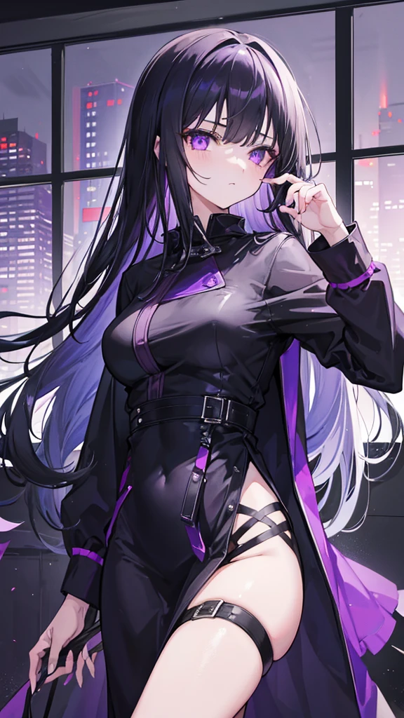 1girl, black long hair, a lot of hair, eye covering bangs, purple eyes, expressionless, wearing coat, urban ruins, absurdres, high res, ultrasharp, 8K, masterpiece, purple aura, portrait, good hands, good fingers