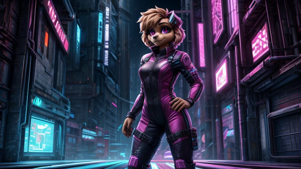 Skye from Paw Patrol, female cockapoo, anthro, side fluffy short hair, magenta eyes, standing, techwear bodysuit, cyberpunk, tech, standing, detailed, solo, beautiful, high quality, 4K