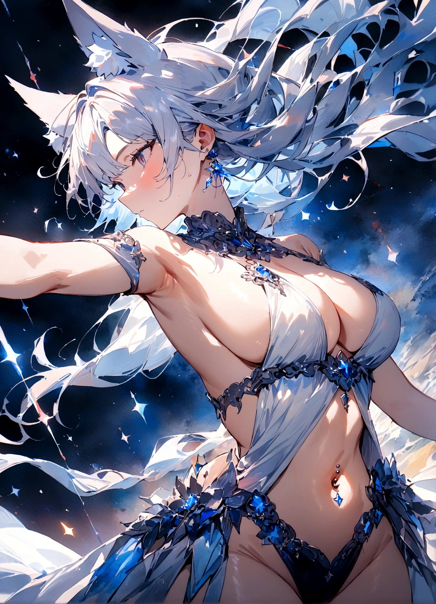nsfw,(space action style), (Muted Tone), Delicate, Detail, Masterpiece,(colorful) illustration,(colorful) light particles, lens flare, 1girl, big breats,navel piercing, sideboob,shoulders,cleavage,sideless,thighs, Cowboy shot, close-up,from above, dynamic angle, dynamic pose, Artistic, memorable masterpieces, moments in history,(fantastical and mesmerizing scenery) Watercolor:1.6, Delicate, Detail, (masterpiece:1.2),(best quality:1.2),newest,intricate details, fox ears, ear hair