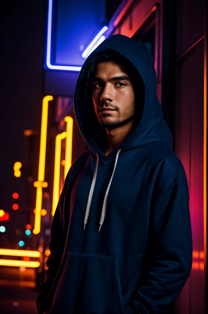 Make me a cool profile picture of a guy in a hoodie , mysterious with neon lights