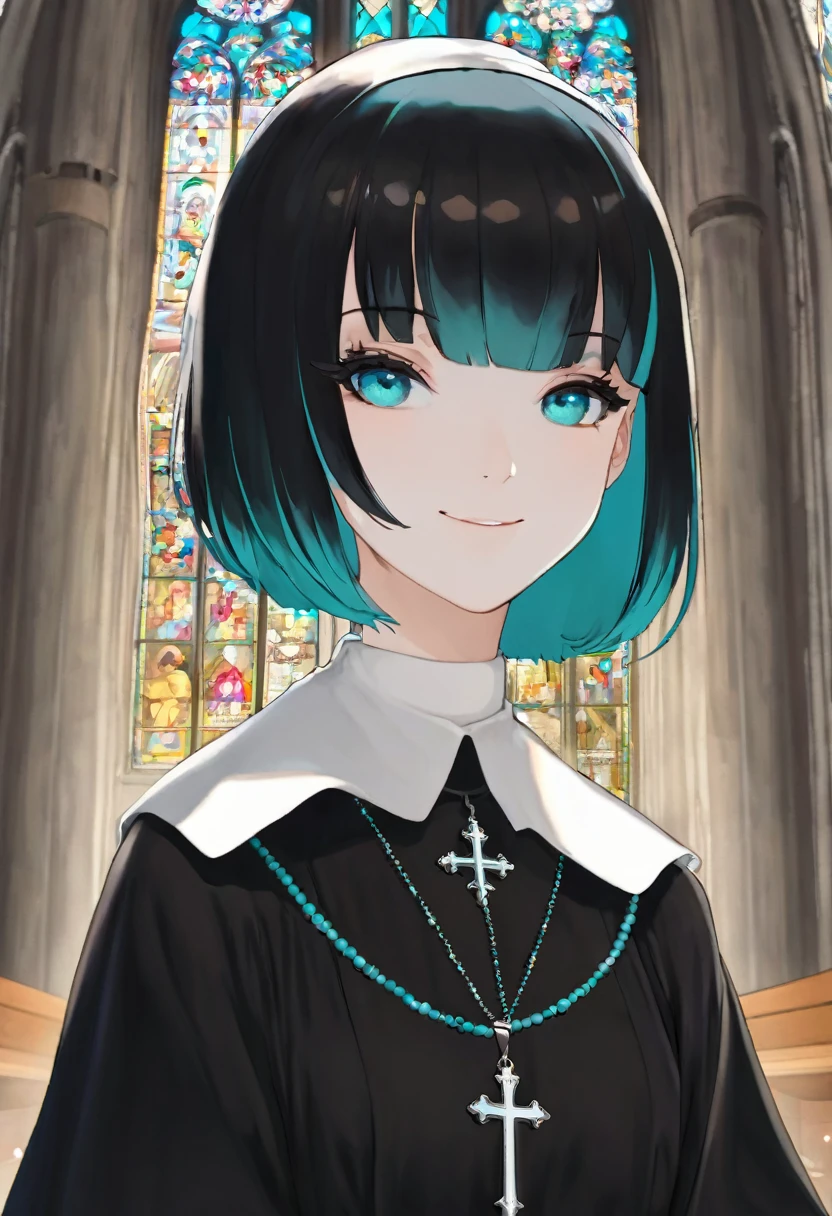 1girl, nun, cross, cross necklacke, jewelry, black hair, turquoise bangs, very short hair, hair over eyes, pale skin, turquoise eyes, black dress, church, smile, (masterpiece), best quality, anime style,
